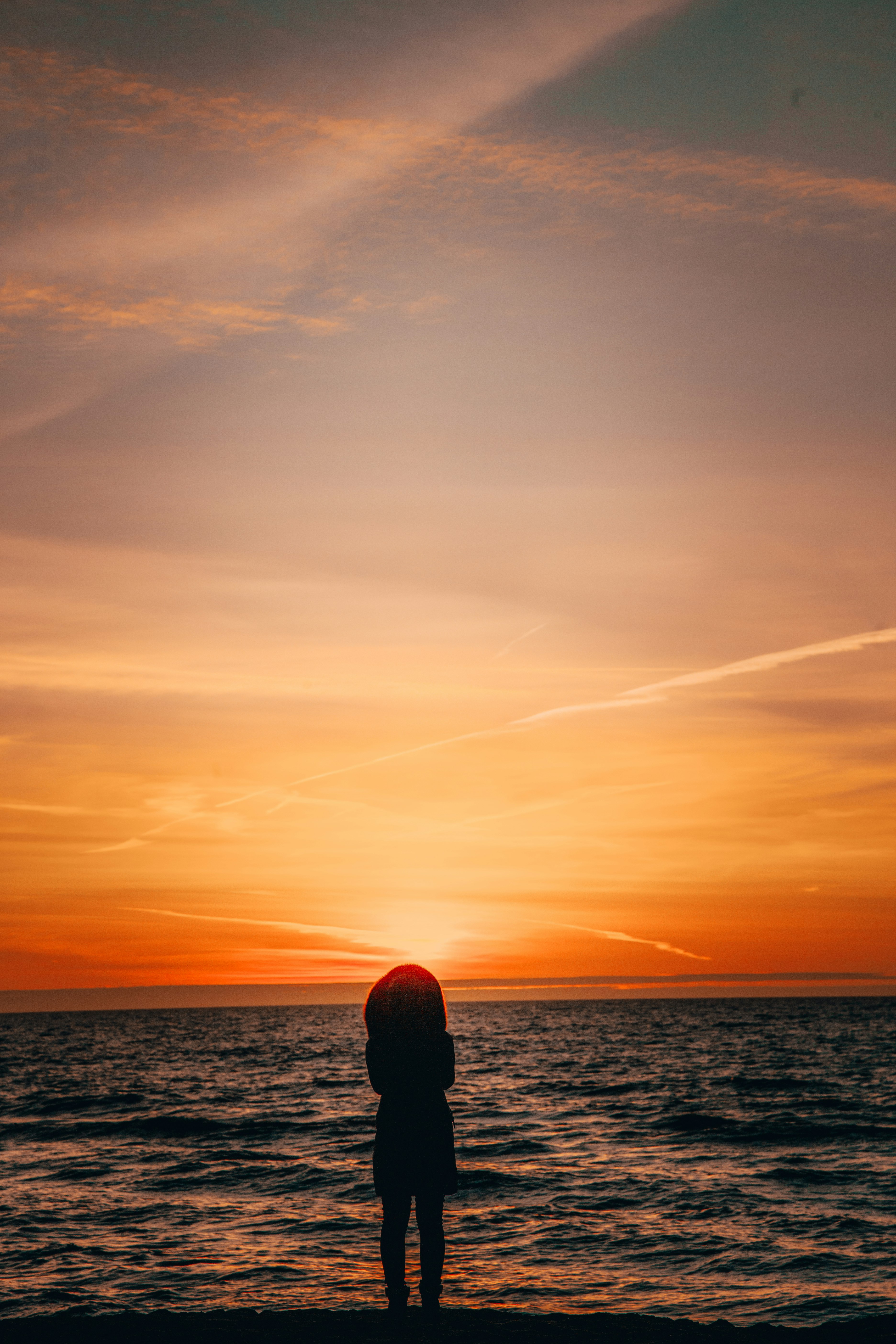 silhouette of person standing on beach during sunset